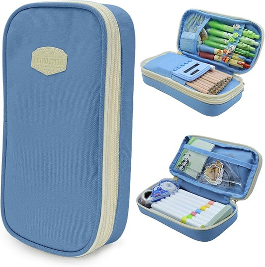 Large Capacity Pencil Case - Durable Zipper Aesthetic Pen Pouch, Big Storage Organizer for School, Office & Travel - Waterproof & Multi-Use (Light Blue)-DeskLoop Office