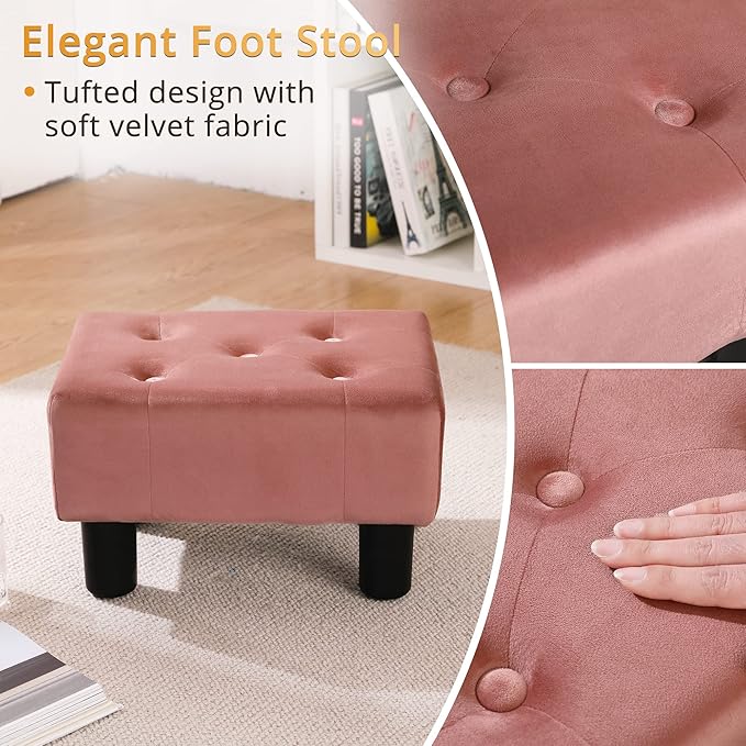 LUE BONA Small Foot Stool Ottoman, Velvet Tufted Footrest with Plastic Legs, 9''H, Rectangle Foot Stools for Adult with Non-Slip Pads, Footstool for Living Room,Couch, Pink-DeskLoop Office