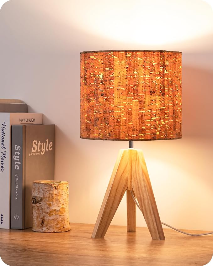 EDISHINE Small Table Lamp, Wooden Tripod Nightstand Lamp by EDISHINE