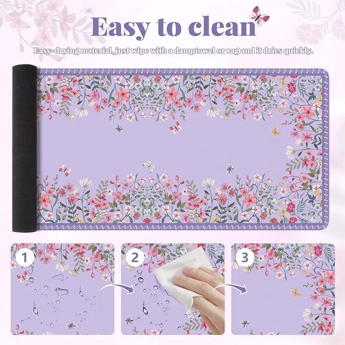 iCasso Desk Mat for Keyboard and Mouse, Cute Desk Pad Large, Anti-Slip Floral - Image 6