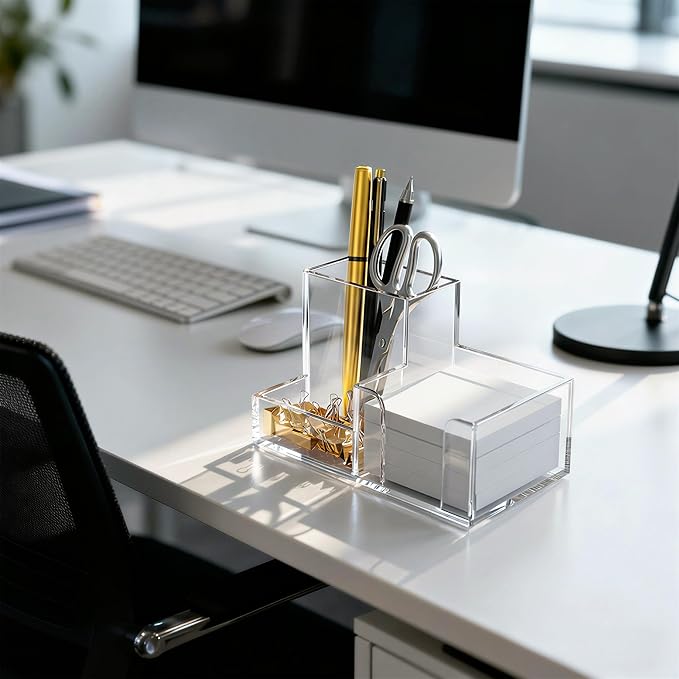 HBlife Acrylic Pen Holder for Desk, 3-Compartment Small Desk Organizer - Image 2