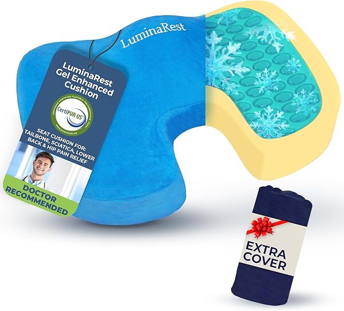 LuminaRest® Gel Enhanced Seat Cushion for Long Sitting – CertiPUR-US® Certified Memory Foam – Tailbone Pain Relief Cushion, Adaptable for Office, Car, Airplane & Wheelchair – (Blue)-DeskLoop Office