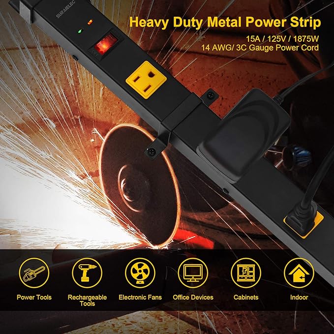 SURAIELEC 10 Outlet Long Power Strip Surge Protector, Industrial Heavy Duty Metal Shop Power Strip with Flat Plug, 1000 Joules, 15 AMP Breaker, 6FT Cord, Wall Mountable, for Work Bench, Shop, Garage-DeskLoop Office