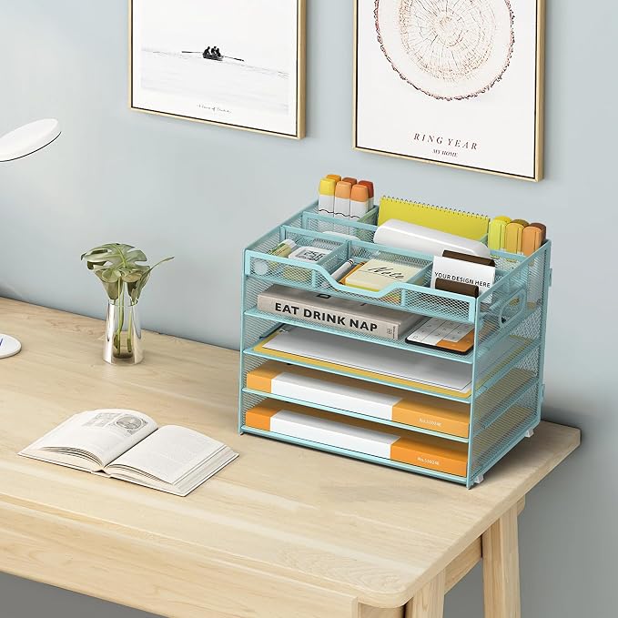 5 Tier Paper Letter Tray with 3 Drop-in Pen Holders, Mesh Desk File Organizer - Image 6