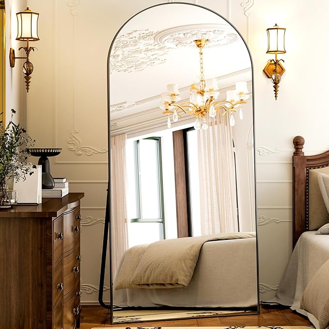 GLSLAND-38x77 inch Arched Full Length Mirror - Floor Mirrors Aluminum Alloy Frame Full Body Dressing Mirror for Bedroom Living Room,Black-DeskLoop Office