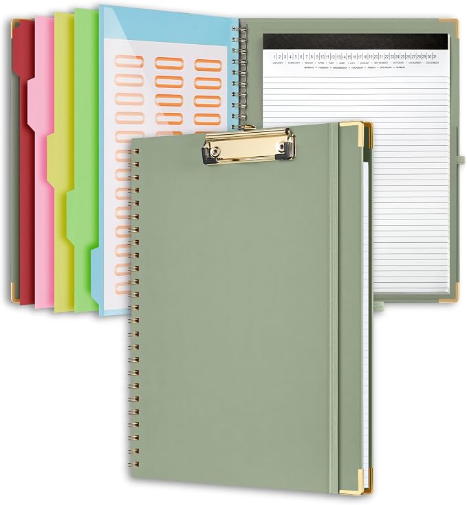 Mymazn Clipboard Folio with Storage, Sturdy Sage Green Cover, 5 Dividers & 10 by Mymazn