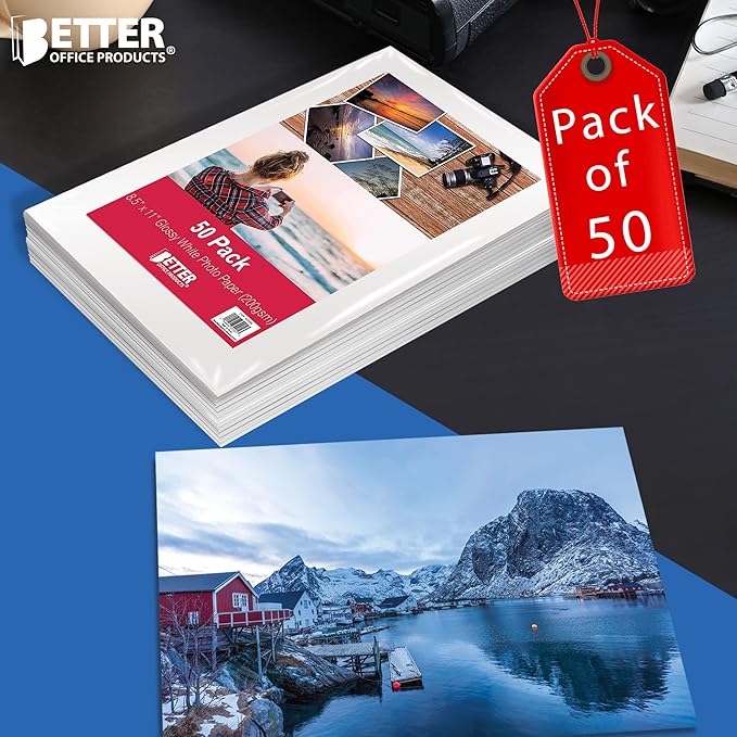 Better Office Products Glossy Photo Paper, 8.5 x 11 Inch, 50 Sheets, 200 gsm, Letter Size, 50-Count Pack-DeskLoop Office