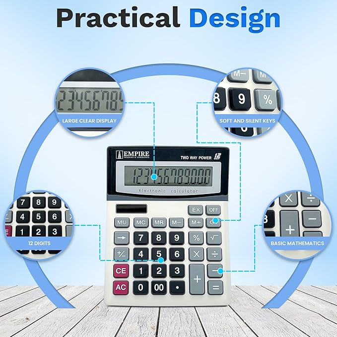 Empire Desk Calculator with Large Key Buttons, 12 Digits, Large Eye-Angled Display, Solar and Battery Powered for Home and Office (Battery Included)-DeskLoop Office