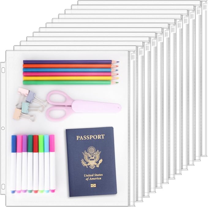 Antner 12 Pack Letter Size Binder Pockets 3 Holes Zipper Binder Folders by Antner