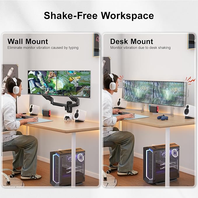 HUANUO Dual Monitor Wall Mount with Gas Spring Arms - 17-32 Inch Computer Screen Mount (4.4-17.6lbs Per Arm) - VESA 75x75/100x100 Height Adjustable Stand for Dual Monitors - Home Office Desk Setup-DeskLoop Office