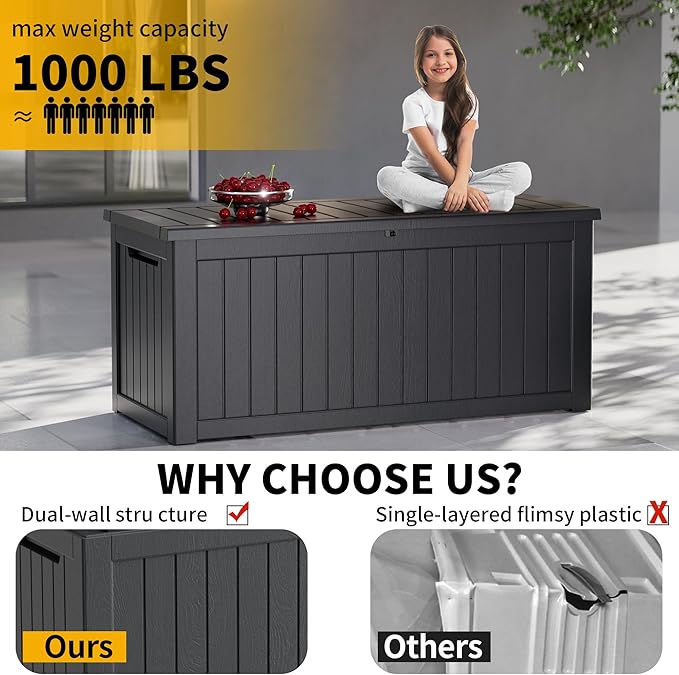 270 Gallon Outdoor Storage Box Patio Deck Box Waterproof, Resin Lockable Outside Large Storage Bin for Pool Cushion Furniture, Garden Tools UV-Resistant, Black-DeskLoop Office