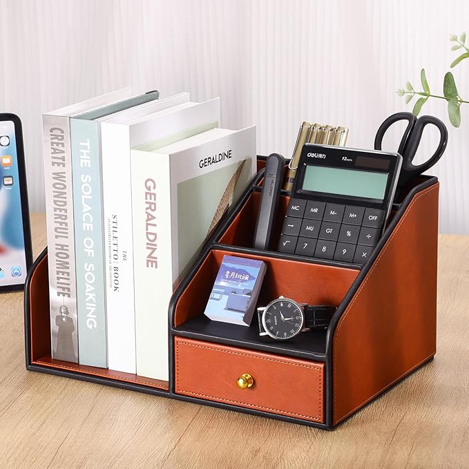 KINGFOM PU Leather Desk Organizer, Multifunction 6 Compartment Desk Organizers and Accessories for Office Supplies, Pen Pencil Holder/Book Mail Organizer Holder for Desk with Drawer (Brown)-DeskLoop Office