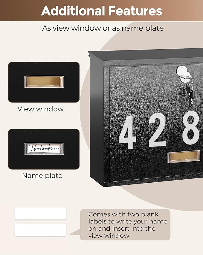LAND·VOI Locking Wall-Mount Mailbox for Outside, with 4 Keys, Galvanized Steel Rustproof Metal Postbox, 4" Dx13.8 Wx11.2 H, Includes 3 Sets of Mailbox Numbers, Nameplate, Black, AMB33B-DeskLoop Office
