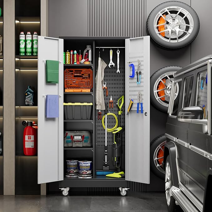 Garage Storage Cabinet with Wheels, Metal Tool Cabinet with Pegboards and 4 Adjustable Shelves, Garage Storage System with Lockable Door for Shools, Offices, Gyms and Pantries, Black and White-DeskLoop Office