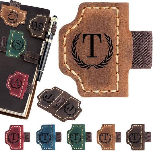 Personalized Magnetic Leather Bookmark with Pen Holder - 26 Letters Custom Book Mark with Name Initial Engraved Book Marker for Readers, Book Lovers, Travelers - Gift for Women & Men(Light Brown，T