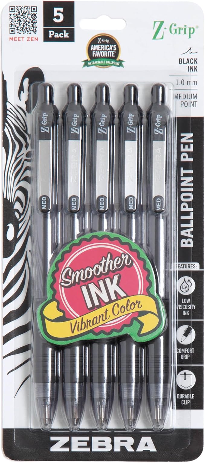 Zebra Pen Z-Grip Retractable Ballpoint Pen, Smooth-Flowing Black Ink, 1.0mm by ZebraPen
