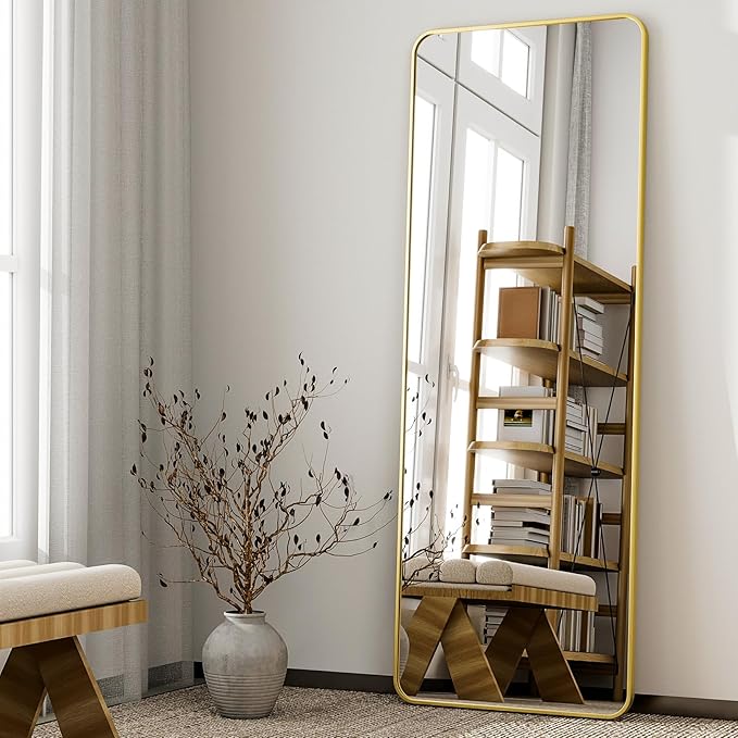 HARRITPURE 56" x 21" Rounded Full Length Mirror Aluminum Frame Gold Mirror Full Length Floor Mirror with Stand for Living Room Bedroom Cloakroom-DeskLoop Office