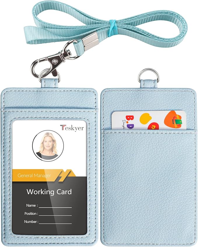 Teskyer Badge Holder with Lanyard, Leather ID Name Badge Card Holder with by TESKYER