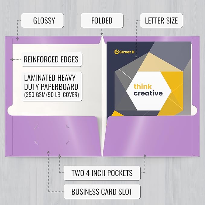 Better Office Products 2 Pocket Glossy Laminated Lavender Paper Folders - Image 2