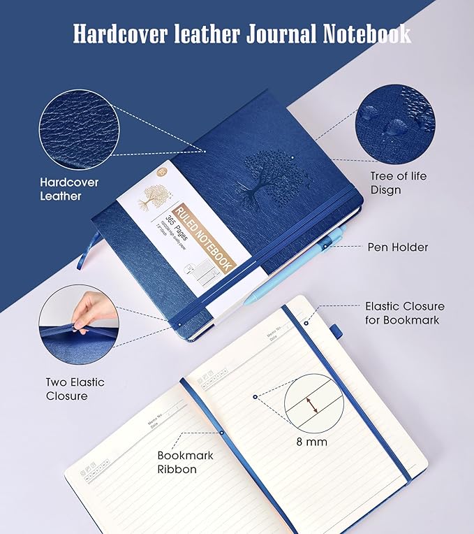 Lined Journal Notebook, 365 Pages B5 Large Journals for Writing Ruled Notebook, Hardcover Leather Journal for Women Men, Daily Notebook for Work, Note Taking, 100Gsm Thick Paper (7.6'' X 10''Darkblue)-DeskLoop Office