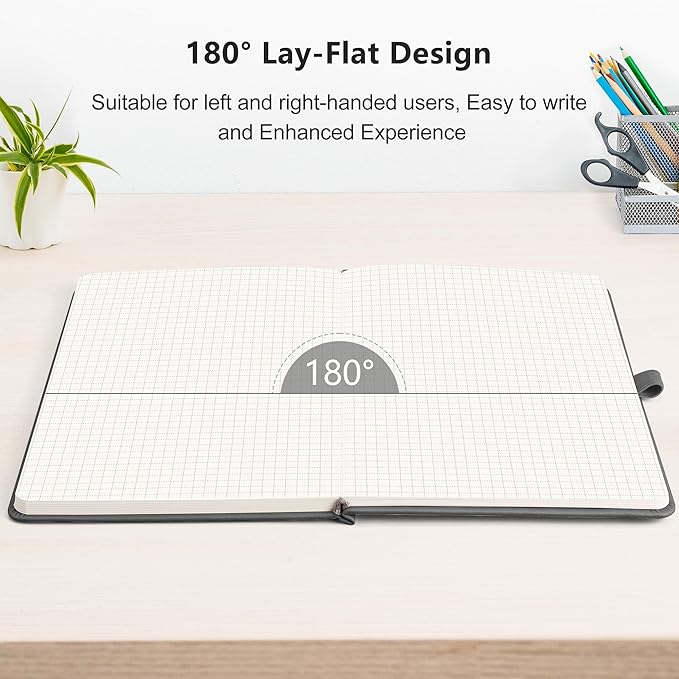 RETTACY Graph Grid Paper Notebook, 192 Pages, A5 Medium Size (5.7'' x 8.3''), 5 Squares per Inch, Leather Hardcover, 100 GSM Thick Paper, for School, Students, Math, Engineering (Gray)-DeskLoop Office
