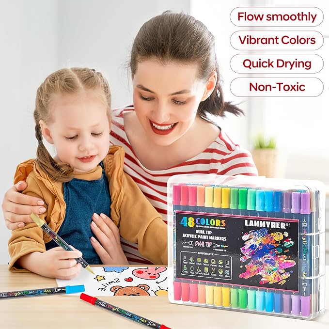 48 Colors Acrylic Markers,Dual Tip Acrylic Paint Markers with Fine Tip and Brush Tip,Acrylic Paint Pens for Rock Painting,Fabric,Crafts,Wood,Glass,Canvas,Plastic,Scrapbook,Art Supplies-DeskLoop Office