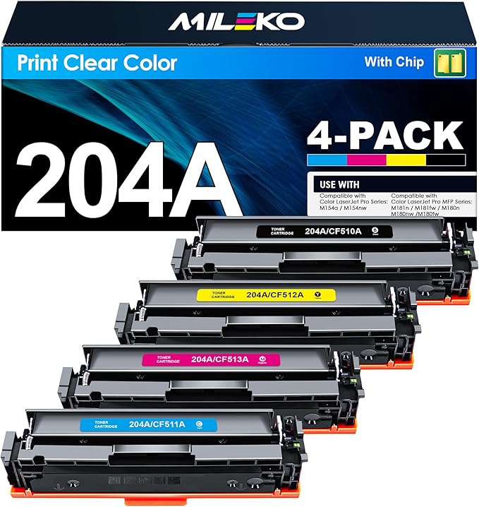 204A Toner Cartridges M180nw Toner Compatible for HP 204A Toner Cartridges 4 Pack for CF510A CF511A CF512A CF513A for Laserjet Pro MFP M180nw M154nw M180n M154a MFP M181fw Printer (4 Pack)-DeskLoop Office