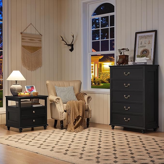 Farmhouse 5 Drawer Dresser for Bedroom, 45" Tall Rustic Chests of Drawers w/ 4 Solid Wood Feet, Mid Century Modern Wooden Closet Storage Dressers Organizer for Living Room, Hallway, Black-DeskLoop Office