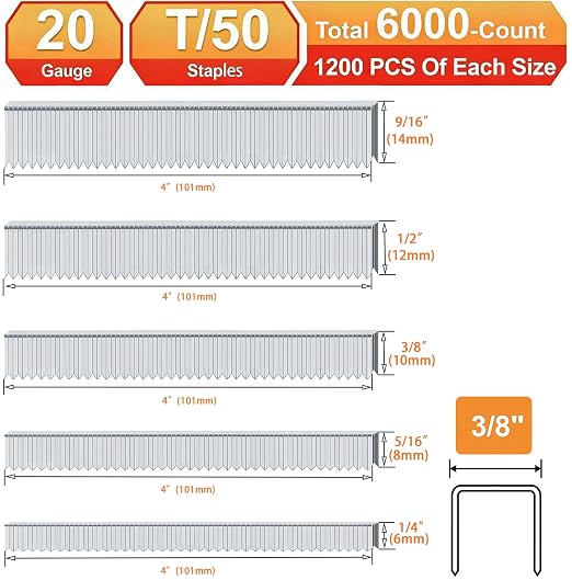 20 Gauge T/50 Staples, 1/4"+5/16"+3/8"+1/2"+9/16":6000pcs | Galvanized Nails - Image 2