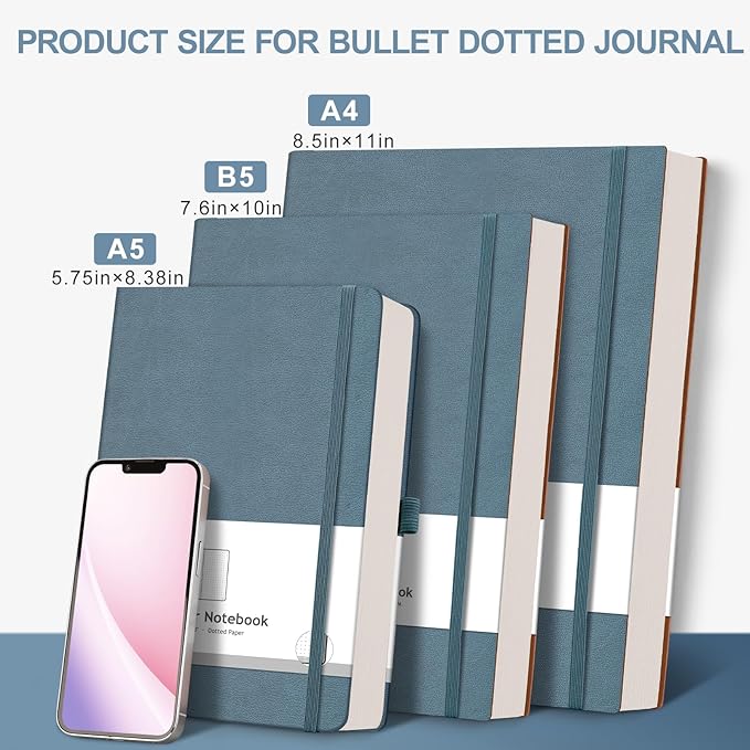AHGXG Bullet Dotted Journal - Large A4 Notebook Dotted, 8.5''×11'', 320 Pages Dot Grid Notebook, 100gsm Thick Paper, Leather Softcover, with Journal Stencils, Inner Pocket - GrayBlue-DeskLoop Office