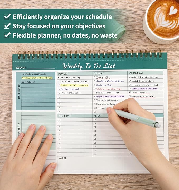Weekly To Do List Notepad, 52 Undated Sheets （8.5"×11") Duplex-printed Weekly Planner Notepad For Work Home School Office Desk Accessories Supplies & Goal Setting Tasks - Green-DeskLoop Office