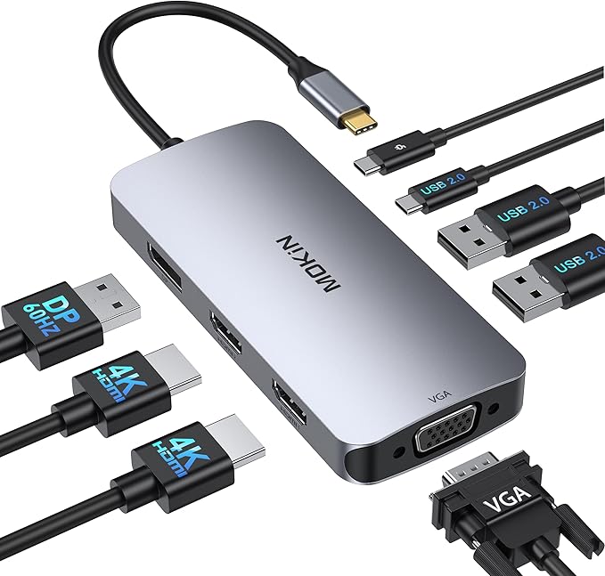 USB C Docking Station Dual HDMI, MOKiN Docking Station 3 Monitors, Displayport, VGA, 100W PD Charging, 2USB A 2.0, USB C 2.0 Ports Multiport Adapter, 8 in 1 USB Hub for Dell, HP, Lenovo Thinkpad-DeskLoop Office