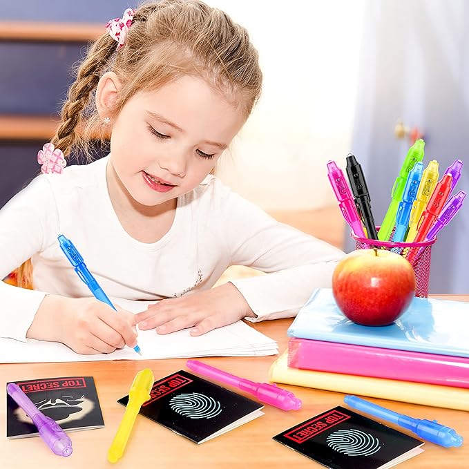 GIFTINBOX Invisible Ink Pens with UV light for Kids, Spy Pen Party Favors for Kids 8-12, 12 Pack Invisible Ink Pen and Notebook, Magic Marker for Secret Message Birthday Party Favors for Kid 4-8-DeskLoop Office