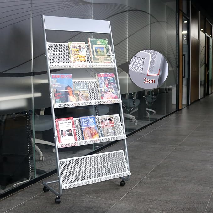 4-Layer Iron Magazine Rack with Wheels, Newspaper Rack, Display Rack, Silver (63)-DeskLoop Office