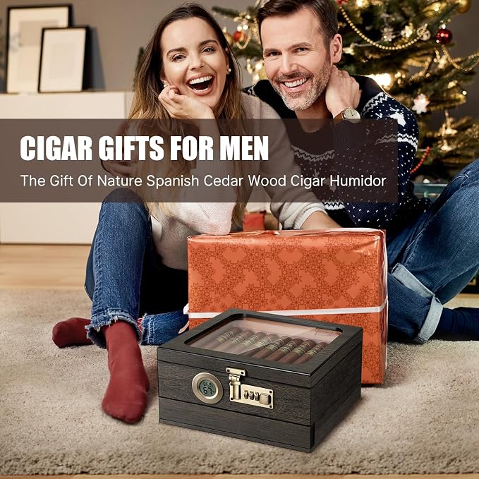 Tesonway Cigar Humidor, Cedar Wood Humidor Cigar Box, Glass Top Desktop Humidor - Image 9