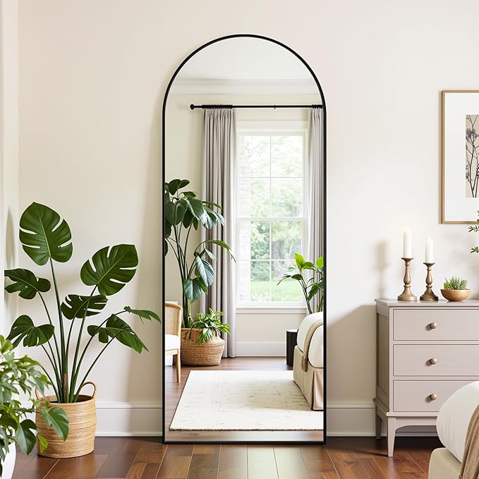 Full Length Mirror, 58"x18" Oversized Floor Mirrors Freestanding, Full Body Mirror Floor Standing Mirrors with Stand, Hanging Mounted Mirrors for Bedroom Living Room, Black, Arched Style-DeskLoop Office