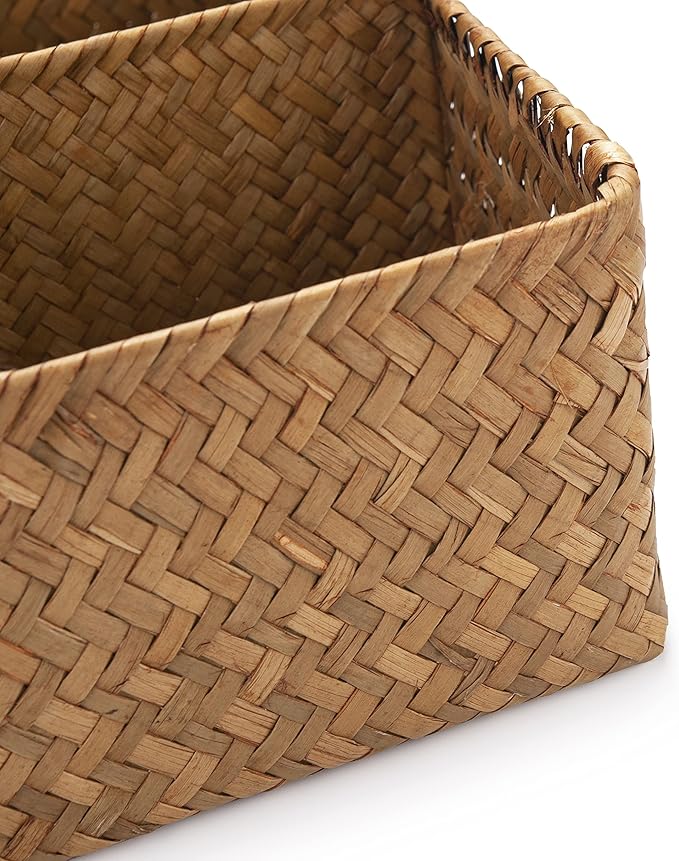 Tea Bag/Sugar Packet Holder, Coffee Station Condiment Organizer, Seagrass Storage Basket, Wicker Rattan Divided Basket Organizer for Drawer/Shelf/Countertop-DeskLoop Office