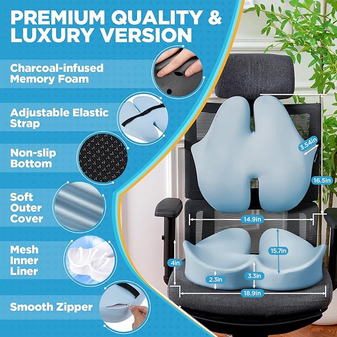 BEAUTRIP Seat Cushion & Lumbar Support Pillow for Office Chair, Car & Wheelchair - Ergonomic Coccyx Cushion for Tailbone, Sciatica & Back Pain Relief - Extra-Dense Charcoal Memory Foam Chair Cushions-DeskLoop Office