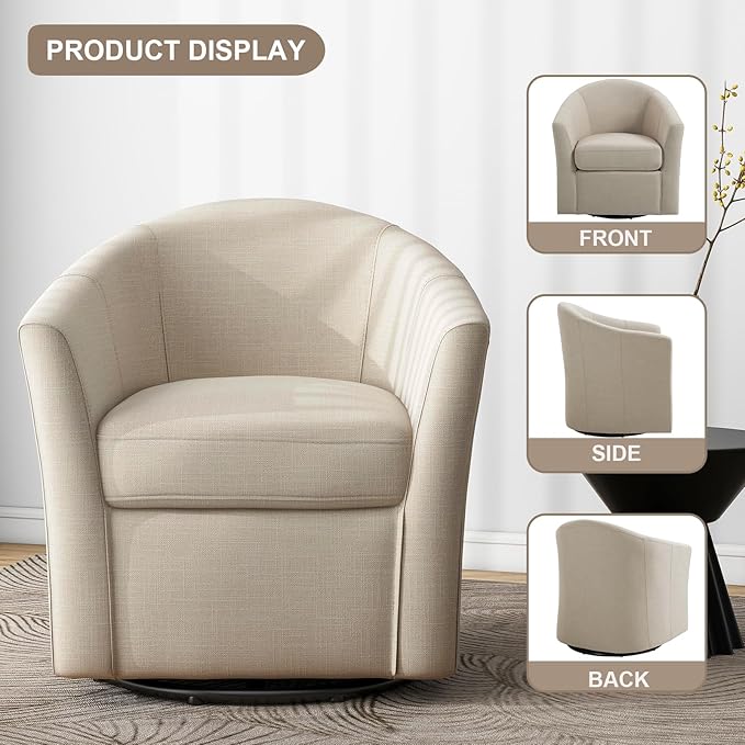 UIXE 360° Swivel Barrel Accent Chairs Set of 2, Modern Round Arm Chair Upholstered Club Armchair, Single Sofa Seating in Fabric for Living Room, Bedroom (Flax Brown)-DeskLoop Office