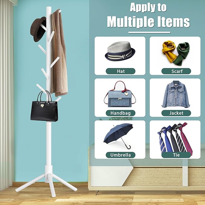 Haddockway Wooden Coat Rack Stand with 8 Hooks New Zealand Pine 3 Adjustable Coat Standing Tree Easy Assembly for Coats, Hats, Scarves and Handbags for Entryway, Hallway, Bedroom, Office, white-DeskLoop Office