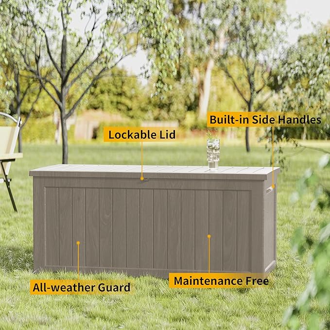 270 Gallon Outdoor Storage Box Waterproof Lockable Resin Deck Box Large, Patio Storage Bin for Pool Accessories Cushion Furniture, Garden Tools, UV-Resistant Outside Delivery Grey-DeskLoop Office