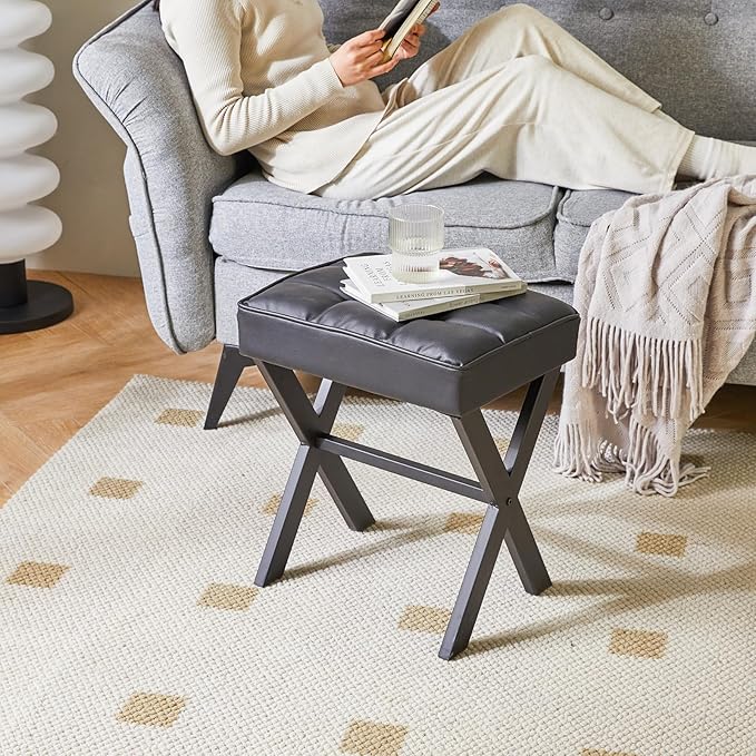 IBUYKE Square Makeup Stool with X-Leg Foot Rest, PU Footrest, Ottoman Seat Vanity Stool, Multi-Use as Small Side Table, for Bedroom, Living Room, Black LG-71B-DeskLoop Office