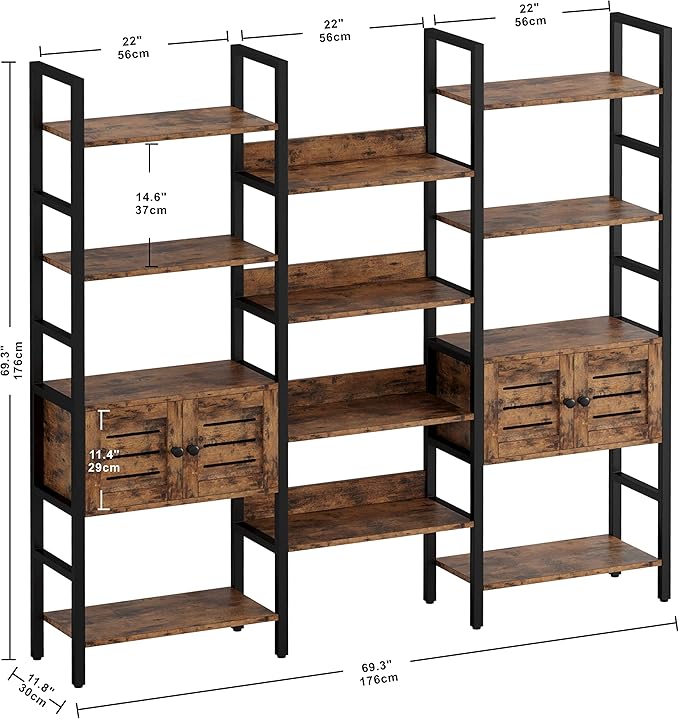 IRONCK Industrial Bookshelf and Bookcase with 2 Louvered Doors 5 Tiers Triple Wide Display Shelf with Storage Cabinet for Living Room Home Office-DeskLoop Office