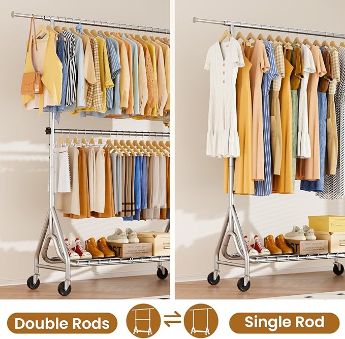 Heavy Duty Clothes Rack for Hanging Clothes, Double Rods Clothing Rack with Lockable Wheels, Rolling Garment Racks with Shelf, Easy to Assemble, Silver-DeskLoop Office