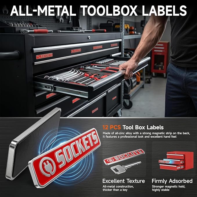12 PCS Metal Magnetic Tool Box Labels, Embossed Tool Box Labels Magnet - Image 2