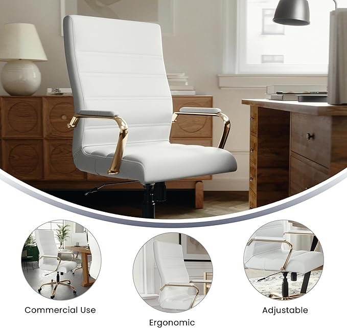 Flash Furniture Whitney Mid-Back Swivel LeatherSoft Desk Chair with Padded Seat and Armrests, Adjustable Height Padded Office Chair, 27"D x 26"W x 43"H, White/Gold-DeskLoop Office