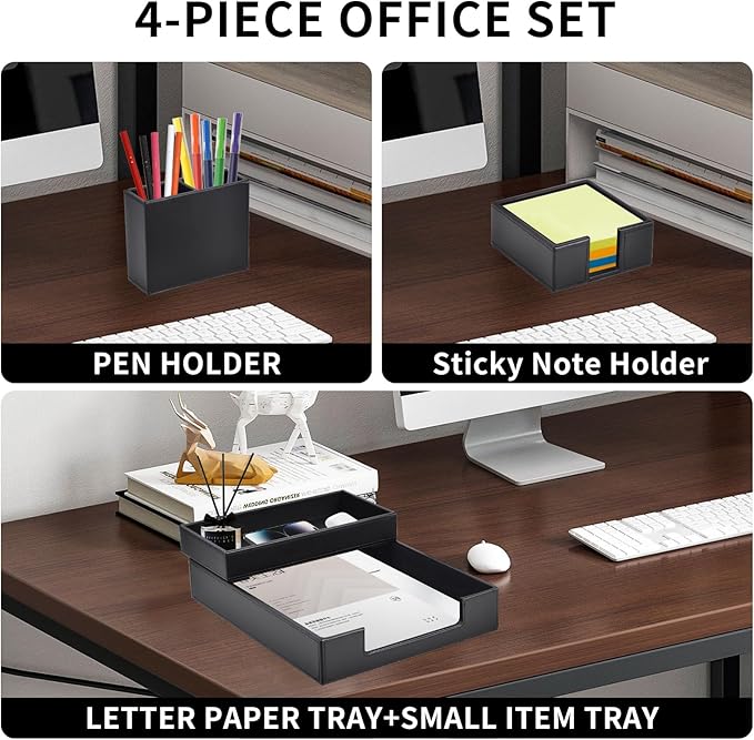 4 Pack Leather Office Supplies/Desk Organizer for Letter Paper Tray,Sticky Note Holder,Pen Cup,Stackable Small Letter Mail Sorter Tray,Workspace Decor for Women Men (Black, 4-piece set)-DeskLoop Office