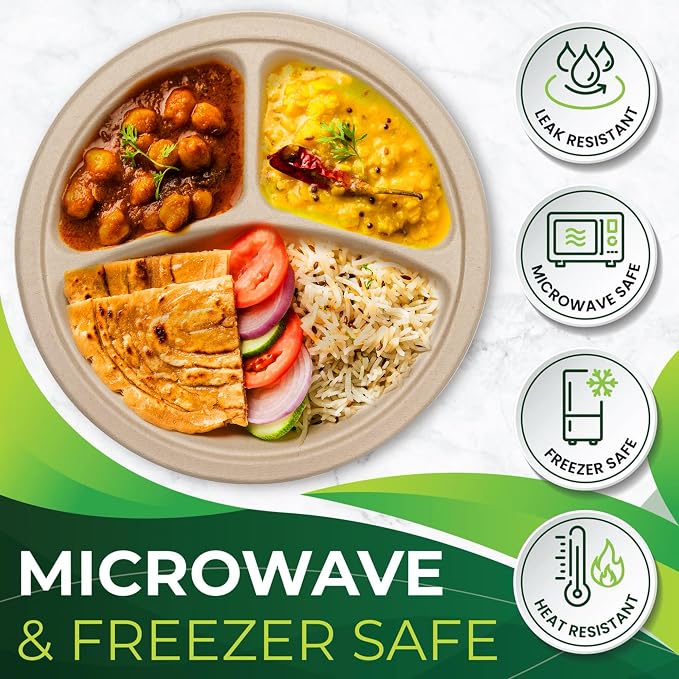 100PCS 100% Compostable 10in Brown Paper Plate, 3-Compartment Heavy Duty - Image 5