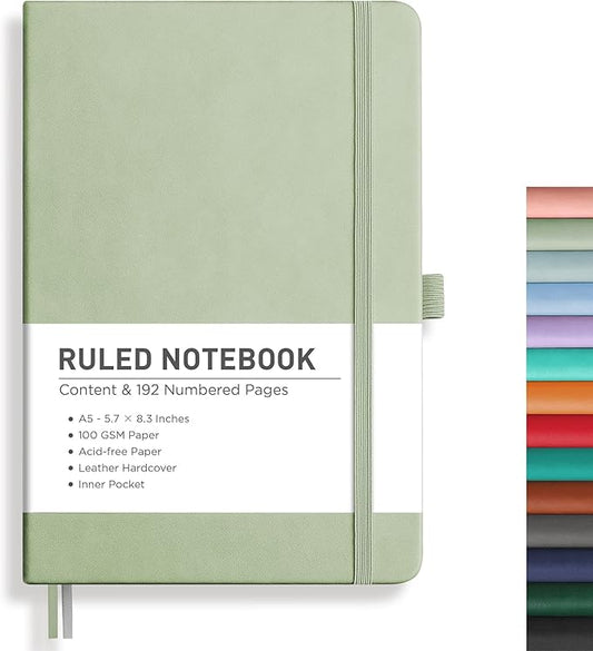 RETTACY Lined Journal Notebook, 192 Numbered Pages, A5 Medium Size (5.7'' x 8.3''), for Men & Women, Journaling, Writing, Work & Office, Leather Hardcover, 100 GSM Thick Paper (Light Green)-DeskLoop Office