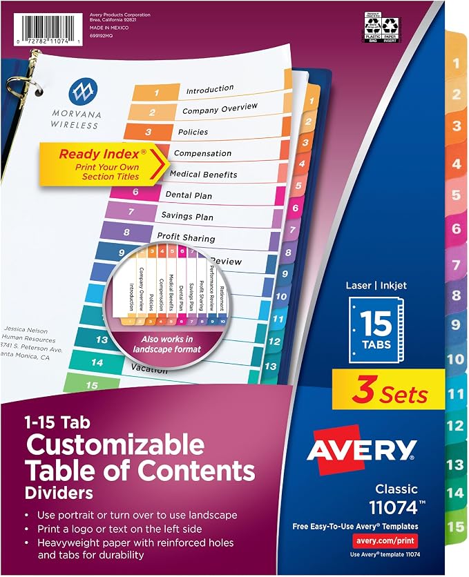 Avery Dividers for 3 Ring Binders, 15 Tabs per Set, Customizable Table of by Avery